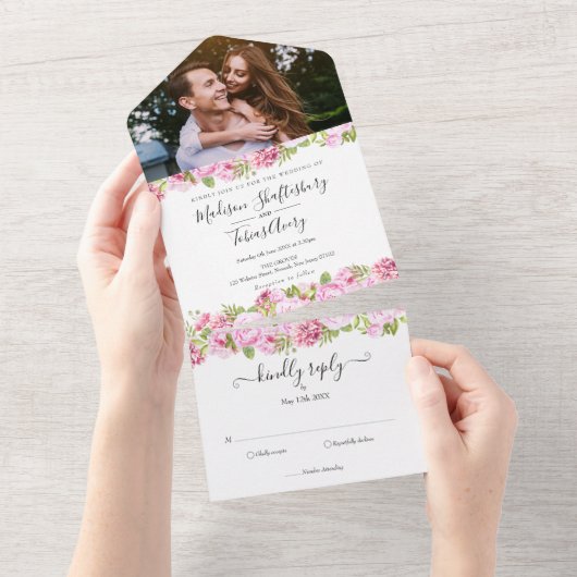 Peony Rozen Floral Elegant Script Photo Weddenscha All In One Uitnodiging (Afscheurbaar)