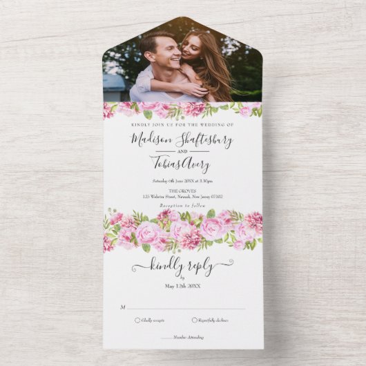 Peony Rozen Floral Elegant Script Photo Weddenscha All In One Uitnodiging (Binnen)