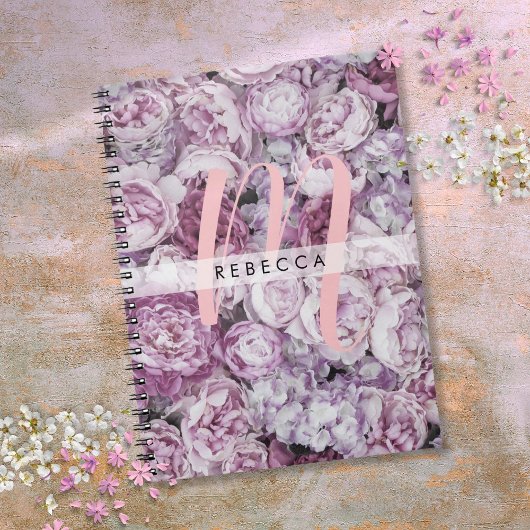 Peony Rozen Floral Pink Script Monogram Notitieboek