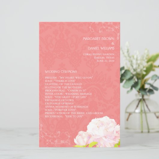Peony Theme Coral Wedding Vertical Programme (Staand voorkant)