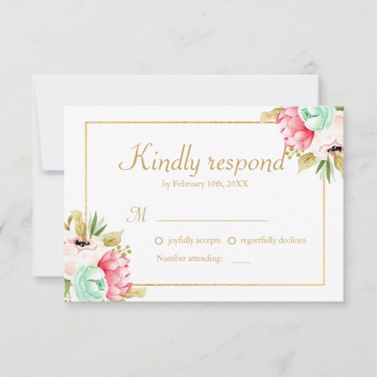 Peony Waterverf Elegant Gold Lijst Wedding RSVP (Voorkant)