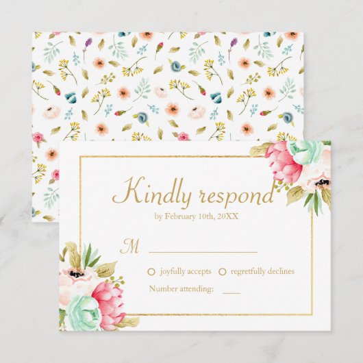 Peony Waterverf Elegant Gold Lijst Wedding RSVP (Voorkant / Achterkant)