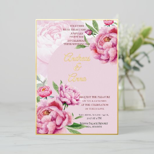 Peony Wedding Folie Uitnodiging (Staand Voorkant)