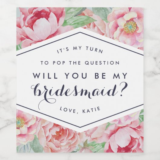 Peony Wees mijn bruidsmeisje wijn of mousserende w Wijn Etiket (Enkel label)