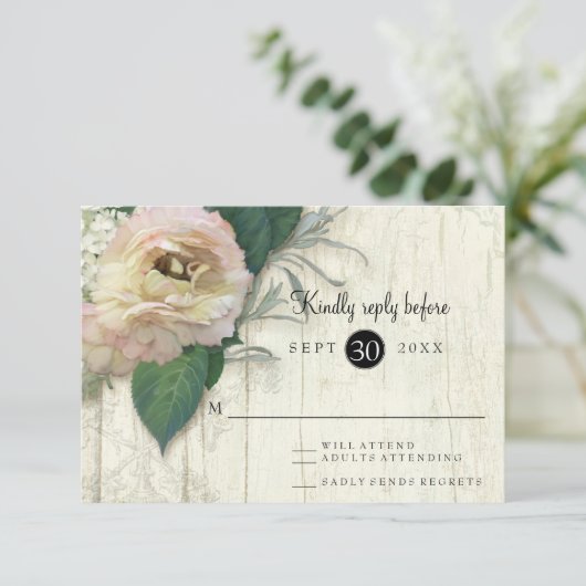 Peony White Hydrangea Flowers Wood RSVP Kaartje (Staand voorkant)