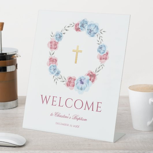 Peony Wreath Waterverf Welcome Baptisme Reclamebord Met Voetstuk (Insitu)