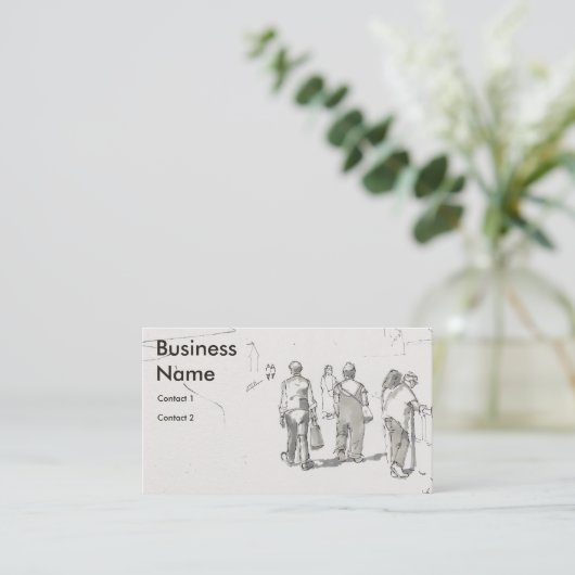 People walking along prmenade drawing visitekaartje (Staand voorkant)