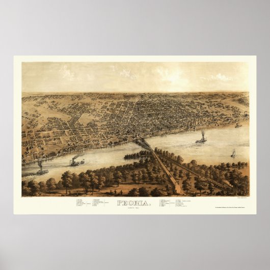 Peoria, IL Panoramic Map - 1867 Poster (Voorkant)
