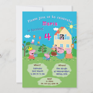 Pepa Pig Thema uitnodiging. Kinderfeestje. Kaart
