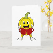 Peper als bokser met boks handschoenen kaart (Gele Bloem)