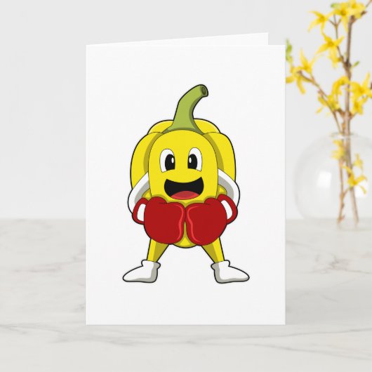 Peper als bokser met boks handschoenen kaart (Gele Bloem)
