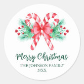 Pepermunt Candy Canes en Bow Christmas Ronde Sticker (Voorkant)