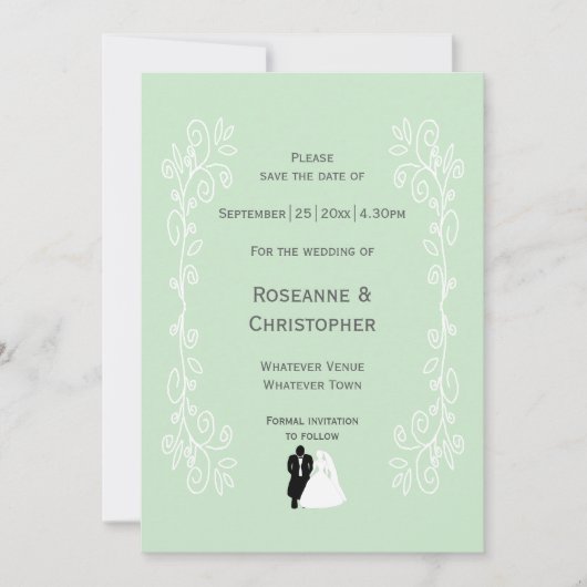 Pepermunt gekleurde bruid en bruidegom ontwerp bru save the date (Voorkant)