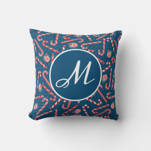Pepermunt Kerst Kerststok Blauw Monogram Kussen