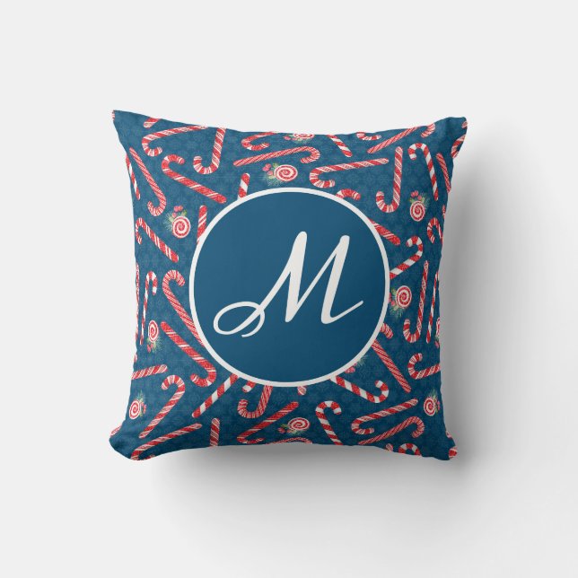 Pepermunt Kerst Kerststok Blauw Monogram Kussen (Voorkant)