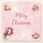 Pepermunt Kerst Thee Party Roze Sneeuwvlok Kartonnen Onderzetters (Voorkant)