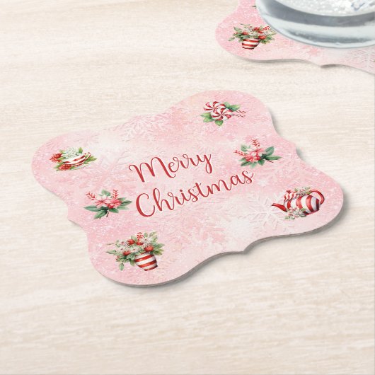 Pepermunt Kerst Thee Party Roze Sneeuwvlok Kartonnen Onderzetters (Gekanteld)