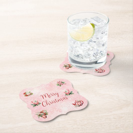 Pepermunt Kerst Thee Party Roze Sneeuwvlok Kartonnen Onderzetters (Insitu)