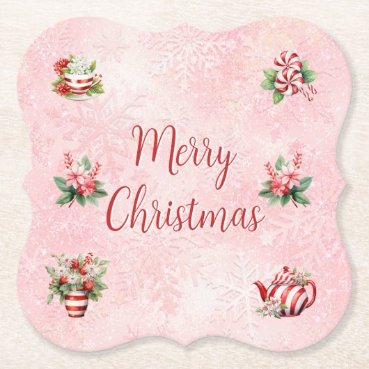 Pepermunt Kerst Thee Party Roze Sneeuwvlok Kartonnen Onderzetters (Voorkant)