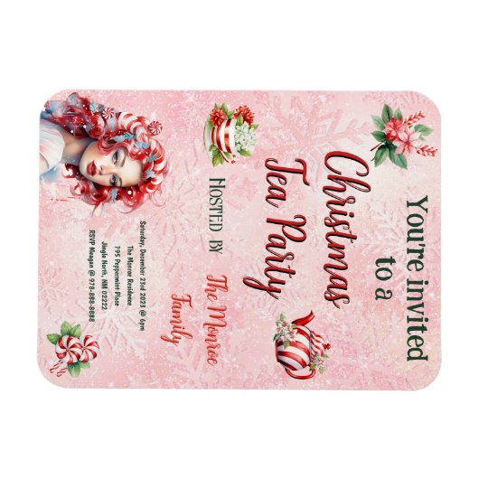 Pepermunt Kerst Thee Party Roze Sneeuwvlok Magneet (Horizontaal)