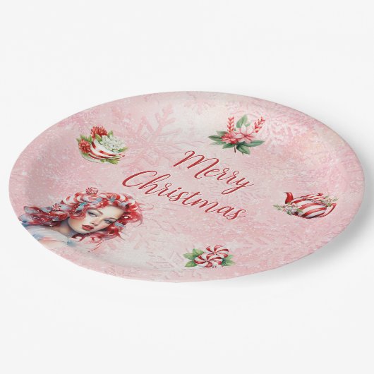 Pepermunt Kerst Thee Party Roze Sneeuwvlok Papieren Bordje (Gekanteld)