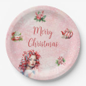 Pepermunt Kerst Thee Party Roze Sneeuwvlok Papieren Bordje (Voorkant)