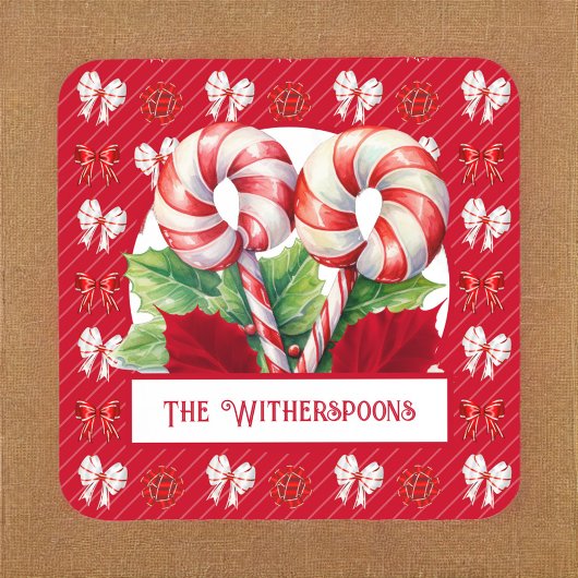 Pepermunt Rood en Wit Candy Cane Bow Monogram Bier Onderzetter