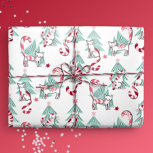 Pepermunt Snoep Katten en kerstbomen Cadeaupapier