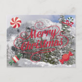 Pepermunt snoepjes en besneeuwd winters landschap feestdagenkaart (Voorkant)