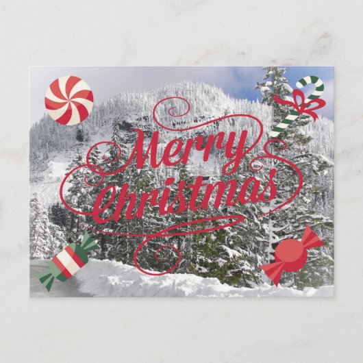 Pepermunt snoepjes en besneeuwd winters landschap feestdagenkaart (Voorkant)