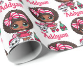 Peppermint Afro Meisje & Puppy Feestelijke Kerstmi Cadeaupapier (Rol Hoek)