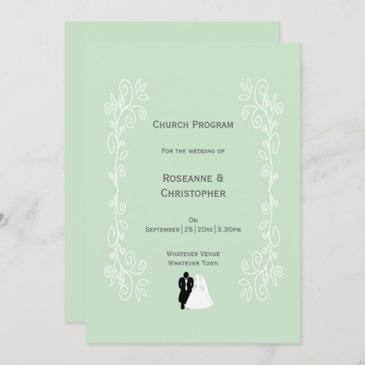 Peppermint bruid en bruidegom scrollwork bruiloft programmakaart (Voorkant / Achterkant)