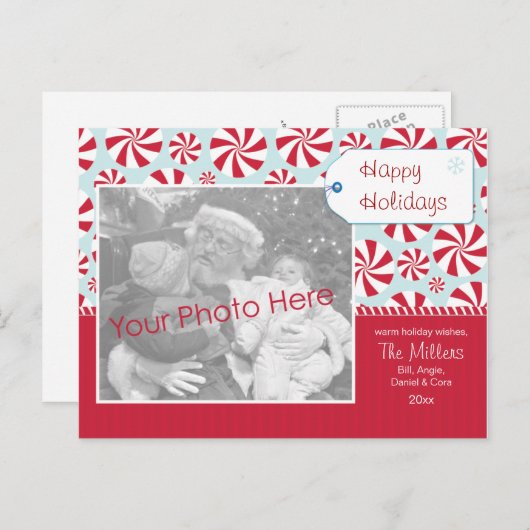 Peppermint Candy Red and Blue Holiday Personalized Feestdagenkaart (Voorkant / Achterkant)