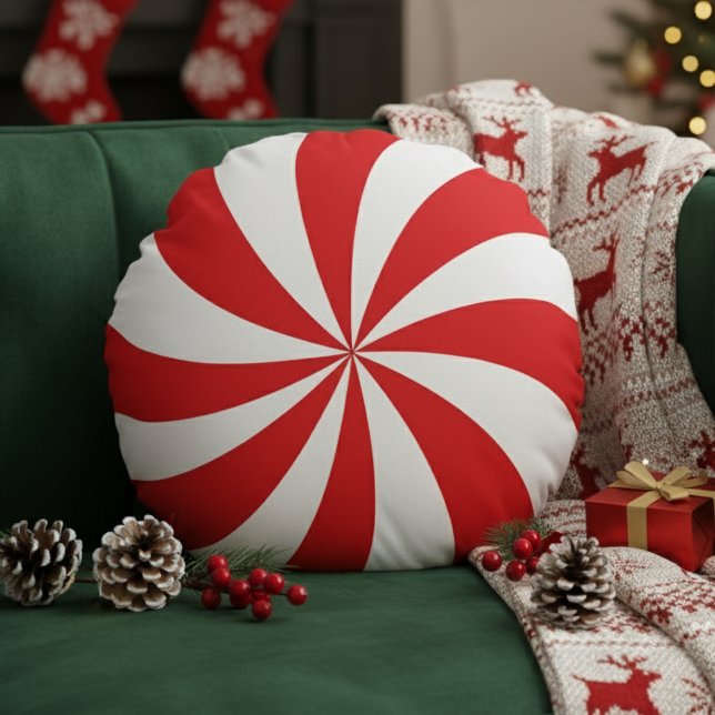 Peppermint Candy Swirl Red Christmas Holiday Rond Kussen (Peppermint Candy Swirl Red Christmas Holiday Round Pillow
)