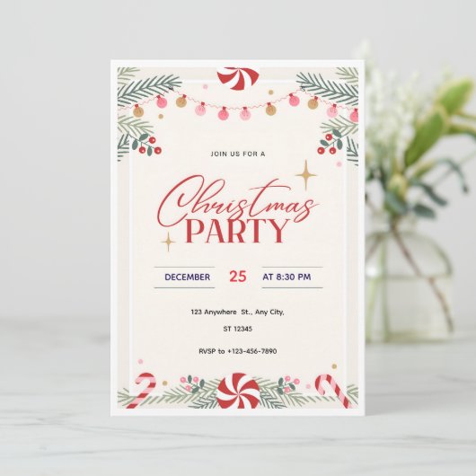 Peppermint Christmas Party Invitation  Kaart (Staand voorkant)