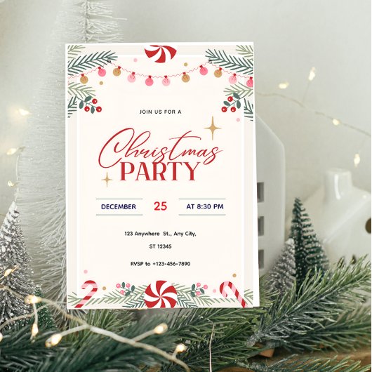 Peppermint Christmas Party Invitation  Kaart