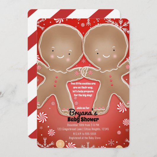 Peppermint Gingerbread Twins Holiday Baby shower Kaart (Voorkant / Achterkant)