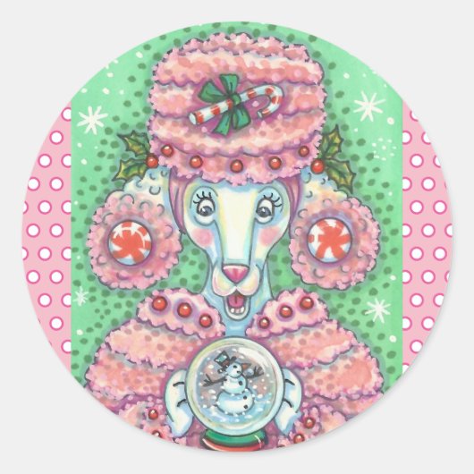 PEPPERMINT PINK POODLE, CHRISTMAS DOG STICKERS Rnd (Voorkant)