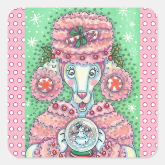 PEPPERMINT PINK POODLE, CHRISTMAS DOG STICKERS Squ (Voorkant)