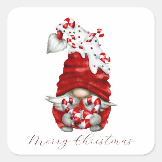 Peppermint Scandinavian Gnome Merry Christmas Vierkante Sticker (Voorkant)