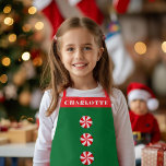 Peppermint Snoep Red Green Kerstmis op maat Schort<br><div class="desc">Aangepaste naam met aangepaste achtergrondkleur en band voor jouw naam met 3 pepermuntende snoepjes; originele tekeningen van Becky Nimoy</div>