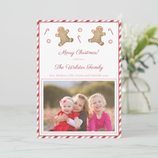 Peppermint Stripes Gingerbrood Rood Roze Afbeeldin Feestdagenkaart (Staand voorkant)