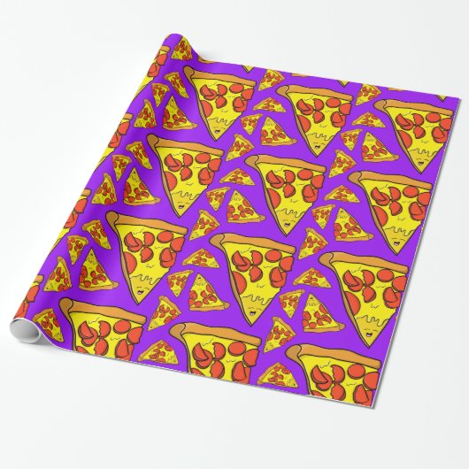 Pepperoni Pizza Partij Paarse achtergrond Cadeaupapier (Uitgerold)
