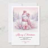 Peppy pink snowman kids greeting card editable art feestdagenkaart (Voorkant)