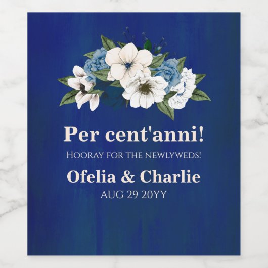 Per cent'anni Cobalt Dusty Blue Floral Wedding Wijn Etiket (Enkel label)