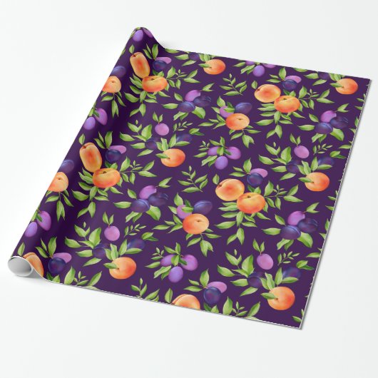 Peraches Plums Paars Cute Fruit Botanische Patroon Cadeaupapier (Uitgerold)
