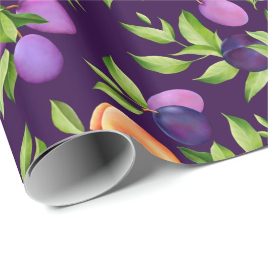 Peraches Plums Paars Cute Fruit Botanische Patroon Cadeaupapier (Rol Hoek)