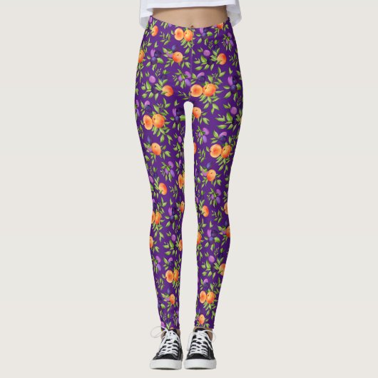 Peraches Plums Paars Cute Fruit Botanische Patroon Leggings (Voorkant)