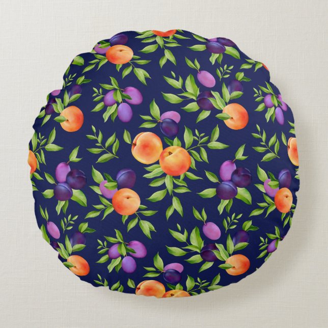 Peraches Plums Paars Cute Fruit Botanische Patroon Rond Kussen (Voorkant)