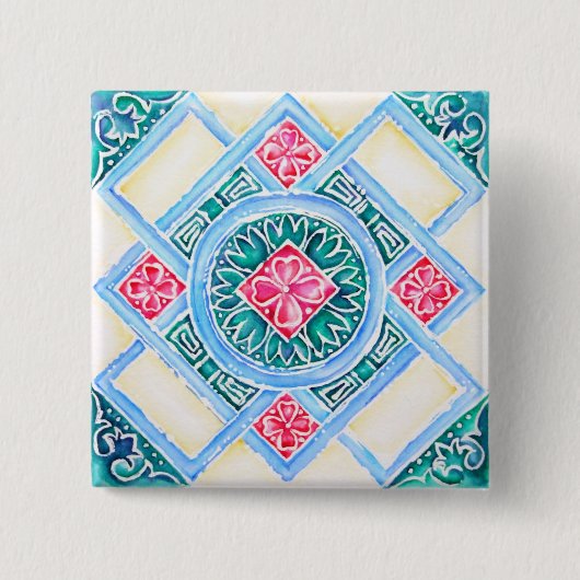 Peranakan Geometric Tegel Blauwgroen Square Vierkante Button 5,1 Cm (Voorkant)